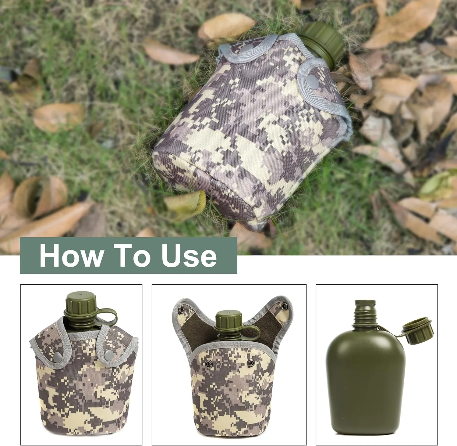 Mountain Land Military Canteen Oblong PE Insulated Camouflage Bag Carrier Cover 1L Capacity Portable Cylinder Sports Water Bottle Tactical Bottle Pouch for Travelling ACU 1L