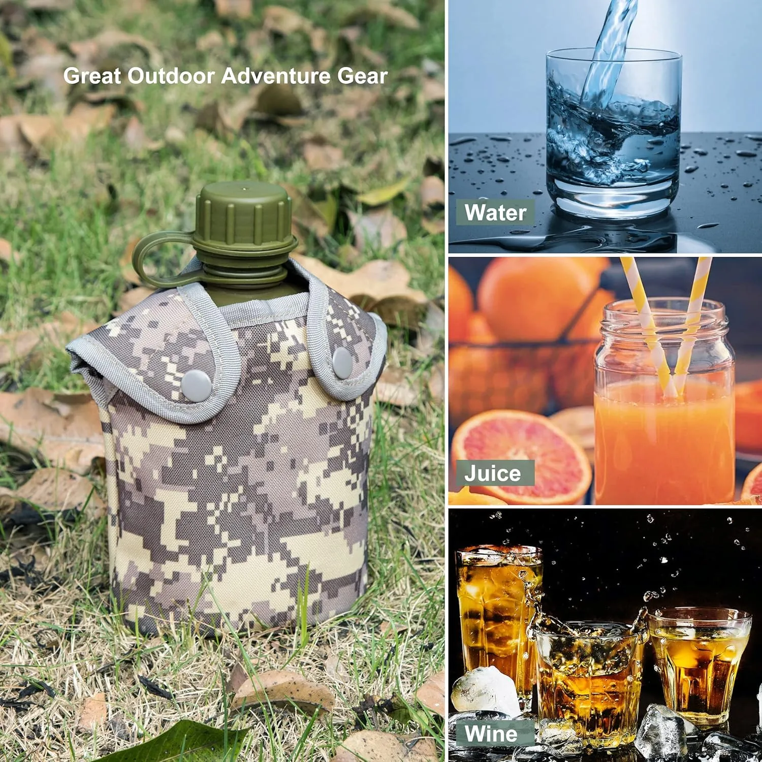 Mountain Land Military Canteen Oblong PE Insulated Camouflage Bag Carrier Cover 1L Capacity Portable Cylinder Sports Water Bottle Tactical Bottle Pouch for Travelling ACU 1L