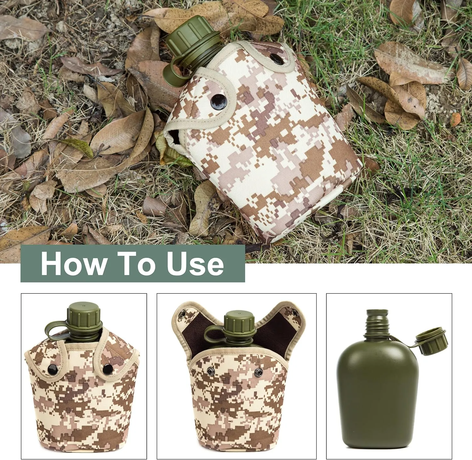 Mountain Land Military Canteen Oblong PE Insulated Camouflage Bag Carrier Cover 1L Capacity Portable Cylinder Sports Water Bottle Tactical Bottle Pouch Outdoor Desert Camo 1L