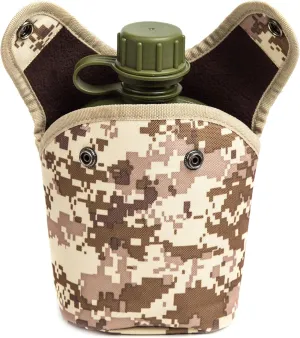 Mountain Land Military Canteen Oblong PE Insulated Camouflage Bag Carrier Cover 1L Capacity Portable Cylinder Sports Water Bottle Tactical Bottle Pouch Outdoor Desert Camo 1L