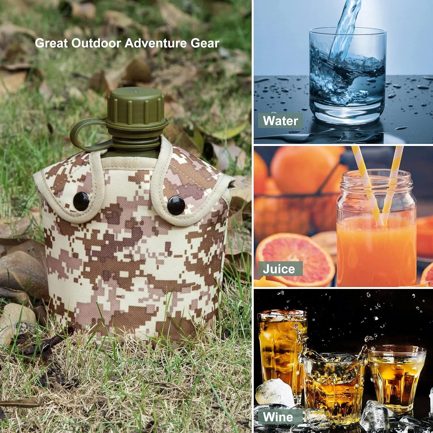 Mountain Land Military Canteen Oblong PE Insulated Camouflage Bag Carrier Cover 1L Capacity Portable Cylinder Sports Water Bottle Tactical Bottle Pouch Outdoor Desert Camo 1L