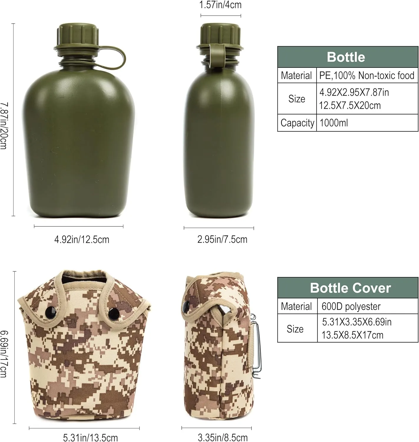 Mountain Land Military Canteen Oblong PE Insulated Camouflage Bag Carrier Cover 1L Capacity Portable Cylinder Sports Water Bottle Tactical Bottle Pouch Outdoor Desert Camo 1L