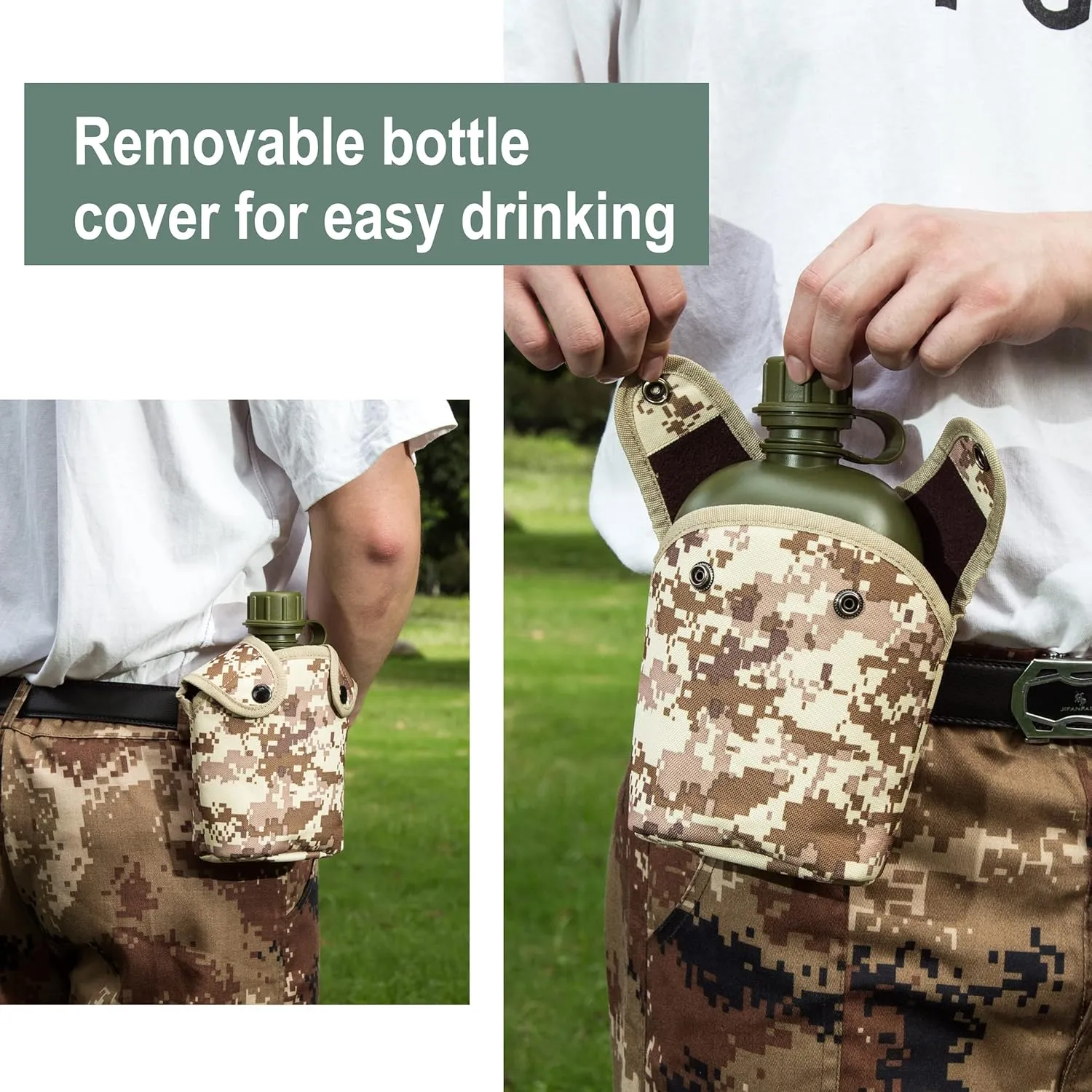 Mountain Land Military Canteen Oblong PE Insulated Camouflage Bag Carrier Cover 1L Capacity Portable Cylinder Sports Water Bottle Tactical Bottle Pouch Outdoor Desert Camo 1L