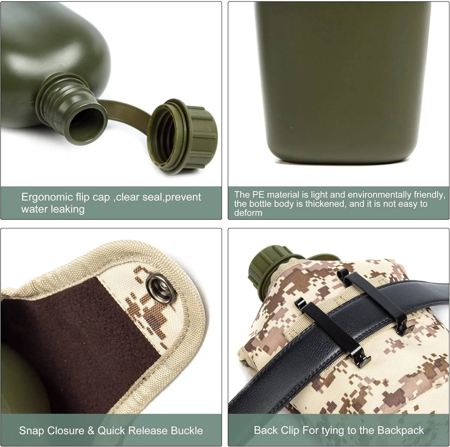 Mountain Land Military Canteen Oblong PE Insulated Camouflage Bag Carrier Cover 1L Capacity Portable Cylinder Sports Water Bottle Tactical Bottle Pouch Outdoor Desert Camo 1L