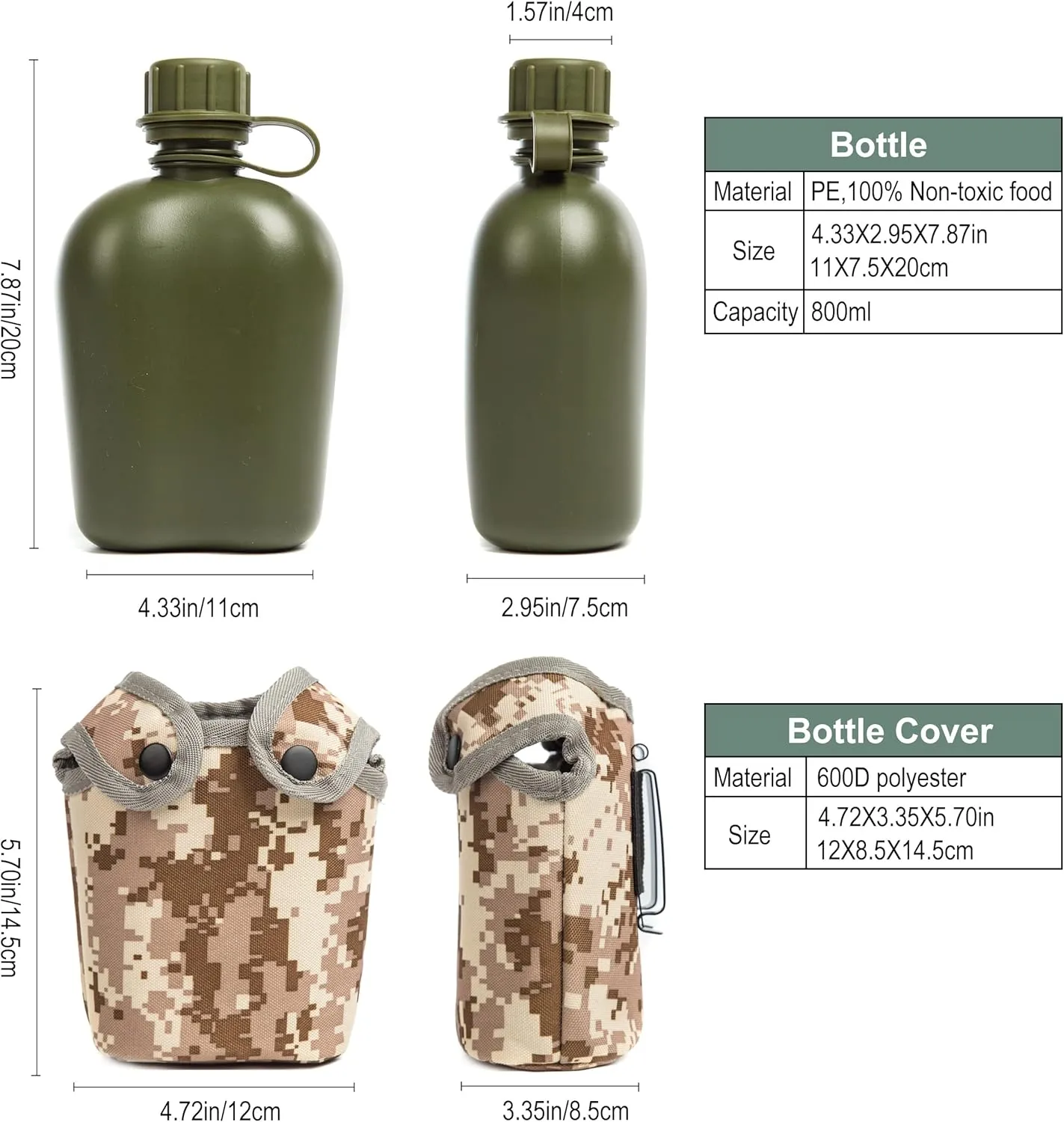 Mountain Land Military Canteen Oblong PE Water Bottle Insulated Camouflage Bag Carrier Cover 800ML Capacity Portable Cylinder Sports Tactical Bottle Pouch Outdoor Gray Desert Camo 800ML