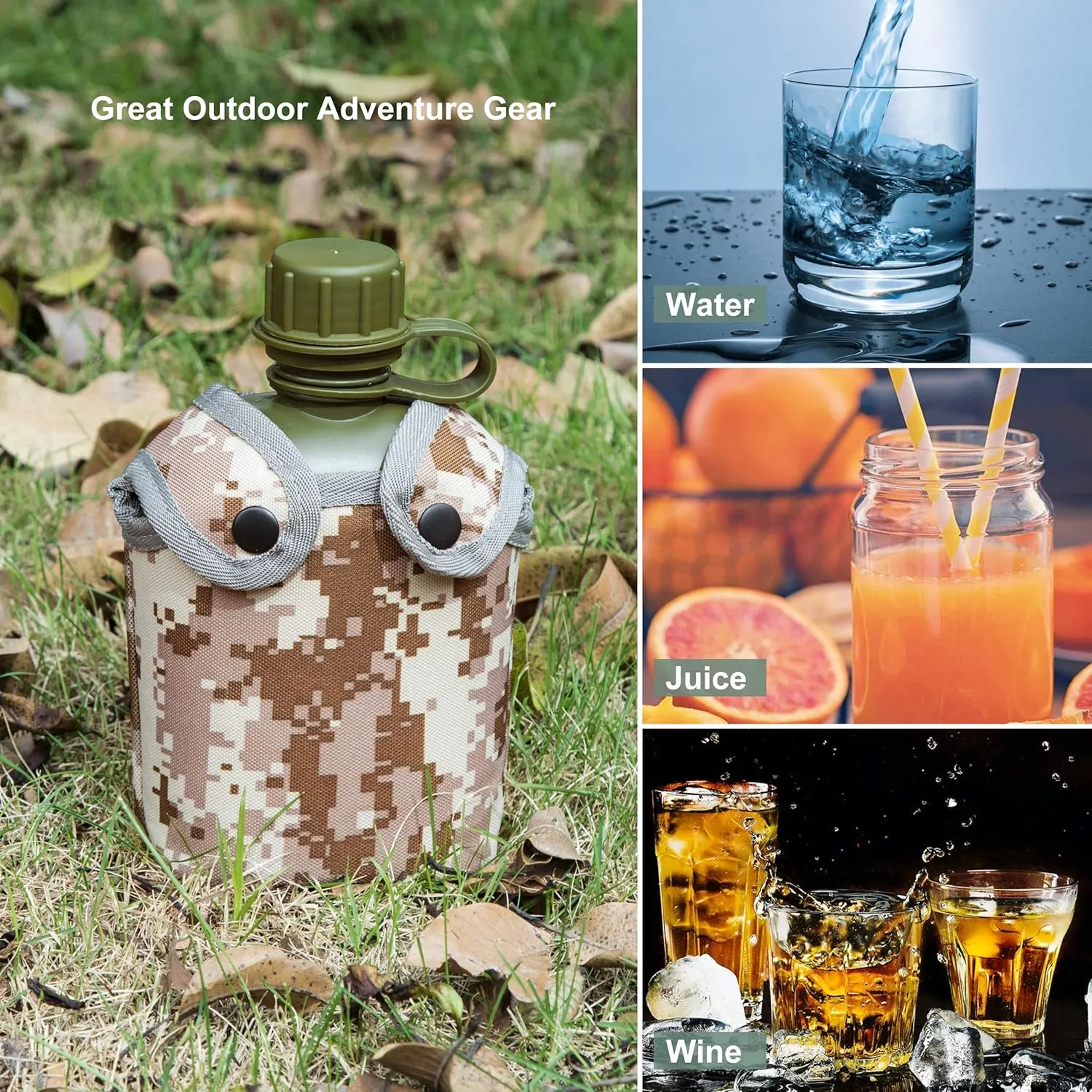 Mountain Land Military Canteen Oblong PE Water Bottle Insulated Camouflage Bag Carrier Cover 800ML Capacity Portable Cylinder Sports Tactical Bottle Pouch Outdoor Gray Desert Camo 800ML