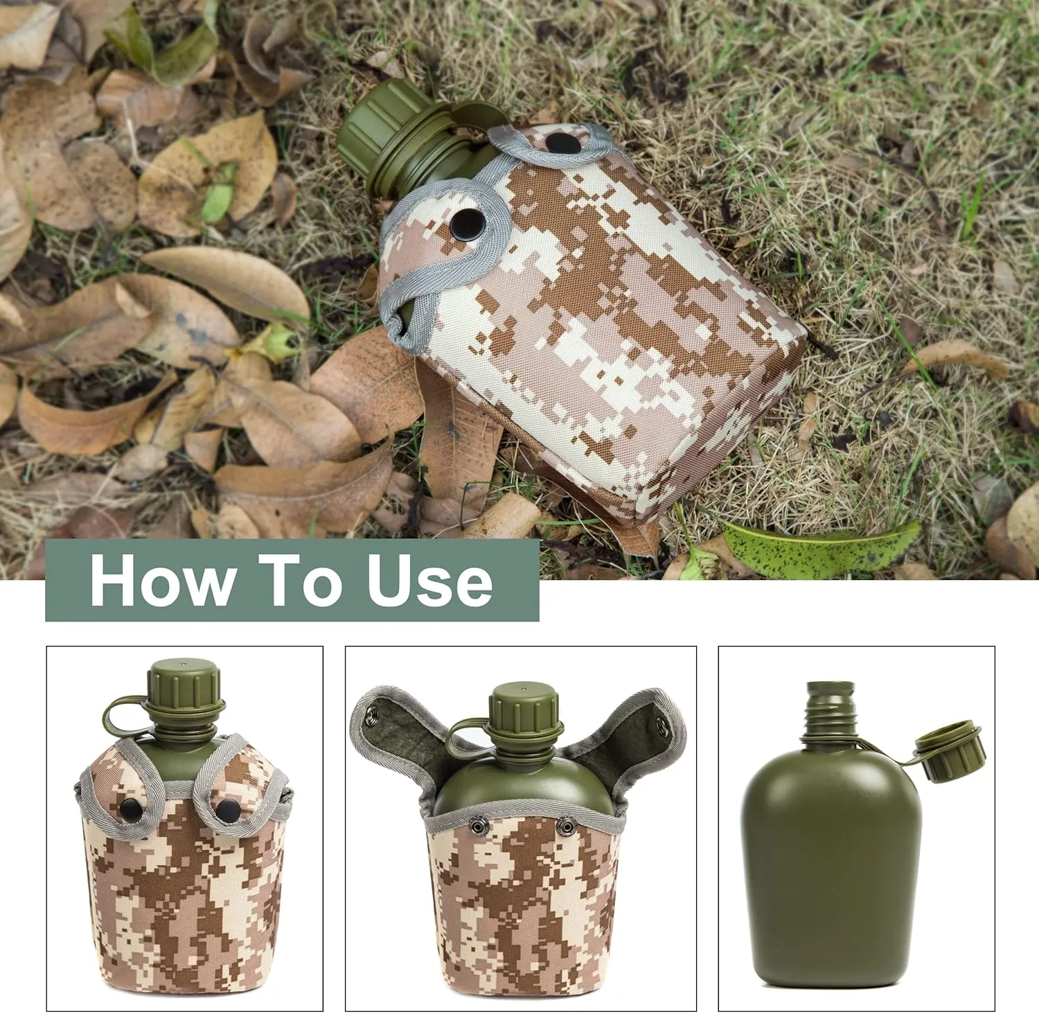 Mountain Land Military Canteen Oblong PE Water Bottle Insulated Camouflage Bag Carrier Cover 800ML Capacity Portable Cylinder Sports Tactical Bottle Pouch Outdoor Gray Desert Camo 800ML