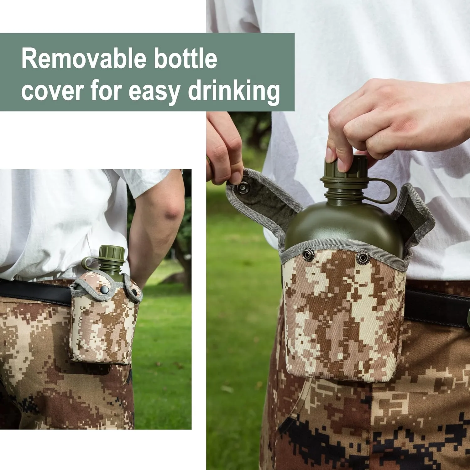 Mountain Land Military Canteen Oblong PE Water Bottle Insulated Camouflage Bag Carrier Cover 800ML Capacity Portable Cylinder Sports Tactical Bottle Pouch Outdoor Gray Desert Camo 800ML