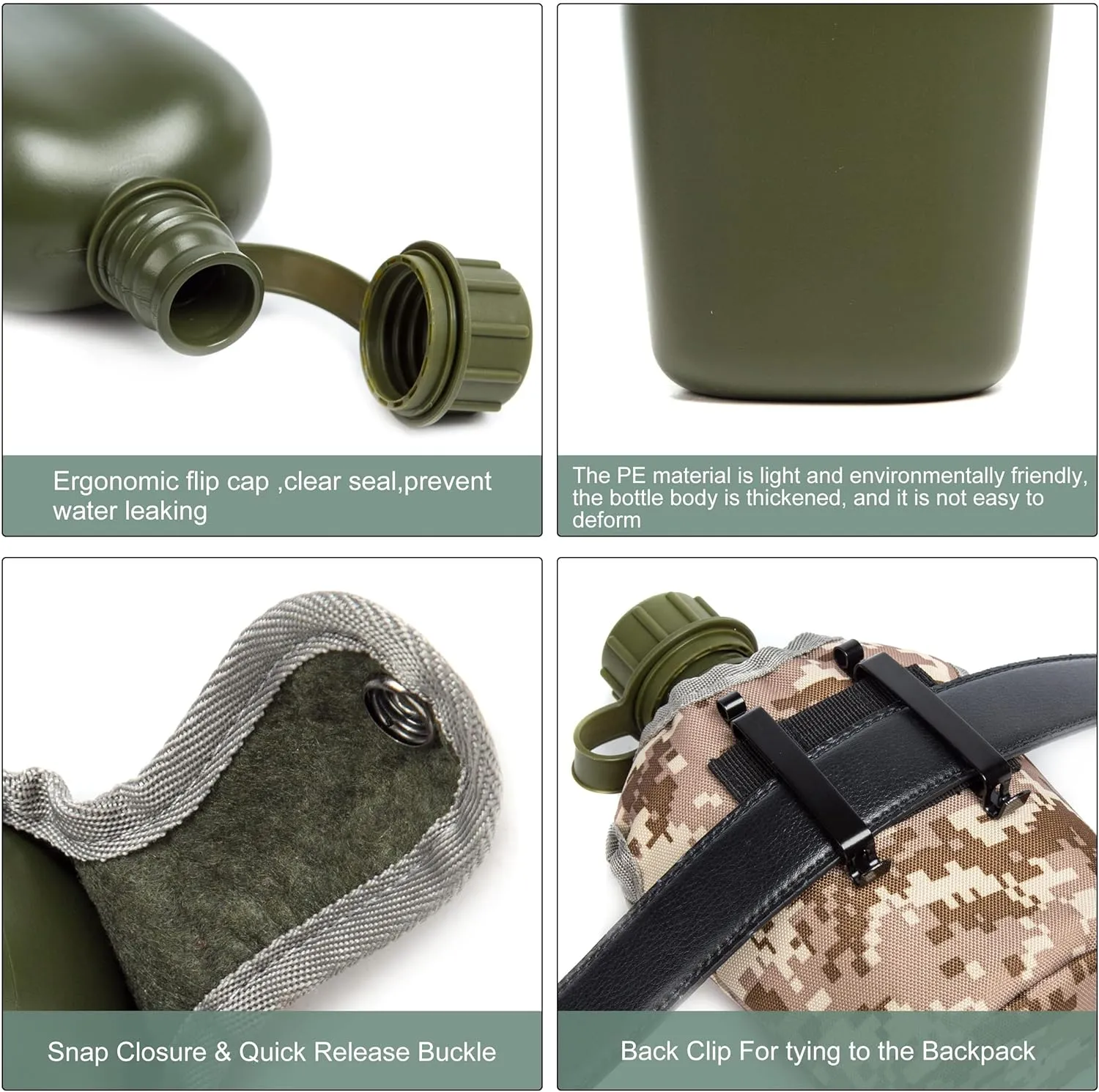 Mountain Land Military Canteen Oblong PE Water Bottle Insulated Camouflage Bag Carrier Cover 800ML Capacity Portable Cylinder Sports Tactical Bottle Pouch Outdoor Gray Desert Camo 800ML