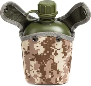 Mountain Land Military Canteen Oblong PE Water Bottle Insulated Camouflage Bag Carrier Cover 800ML Capacity Portable Cylinder Sports Tactical Bottle Pouch Outdoor Gray Desert Camo 800ML