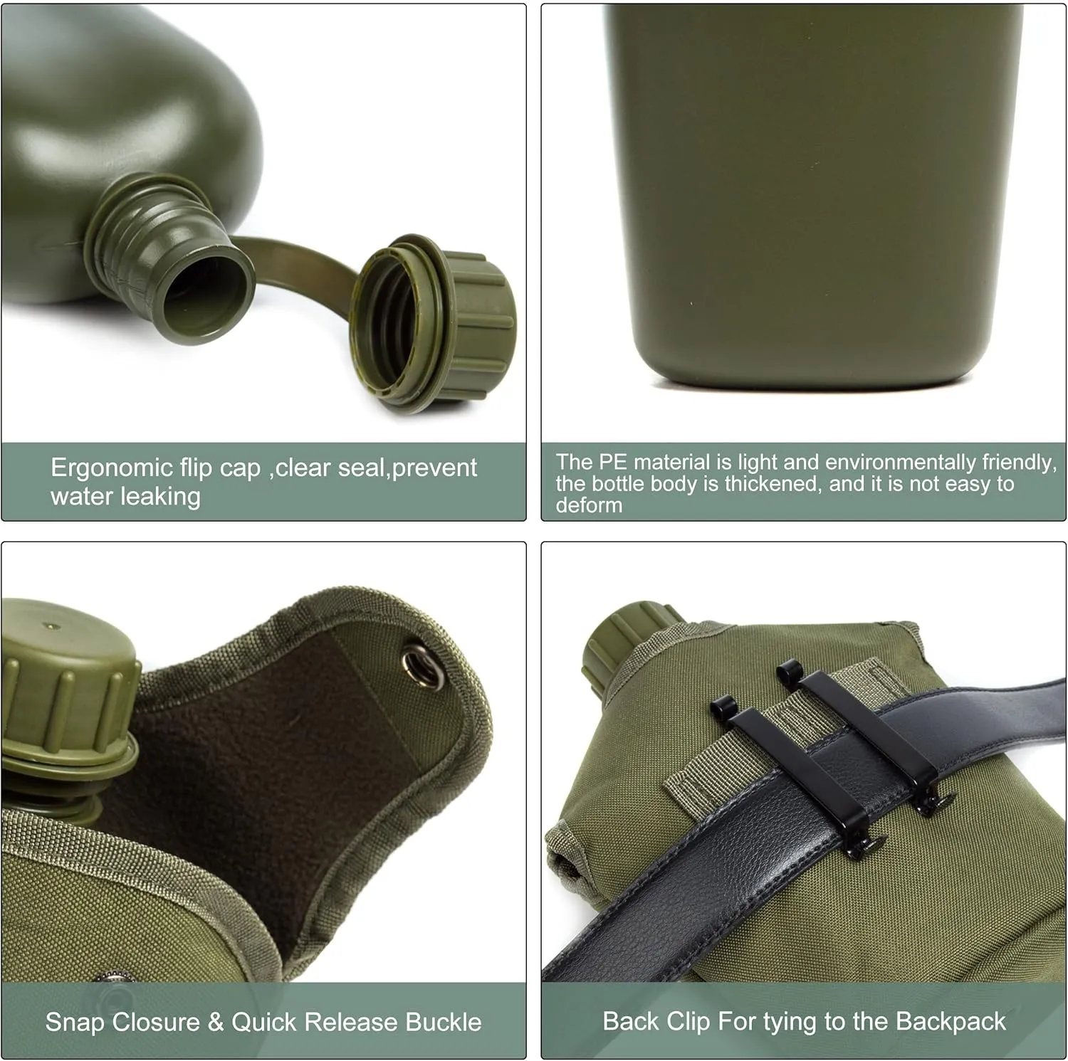 Mountain Land Military Canteen Oblong Water Bottle Insulated Camouflage Bag Carrier Cover 1L Portable Cylinder Sports Tactical Bottle Pouch for Hiking Camping Hunting Travelling Green 1L
