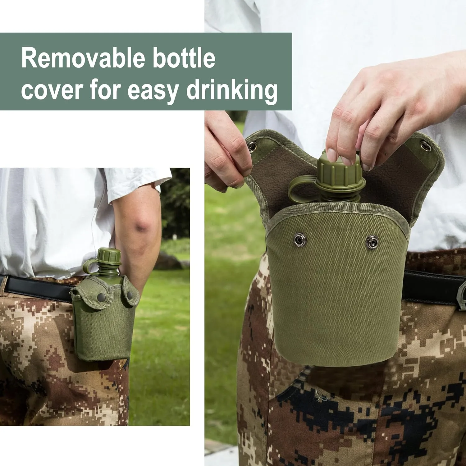 Mountain Land Military Canteen Oblong Water Bottle Insulated Camouflage Bag Carrier Cover 1L Portable Cylinder Sports Tactical Bottle Pouch for Hiking Camping Hunting Travelling Green 1L