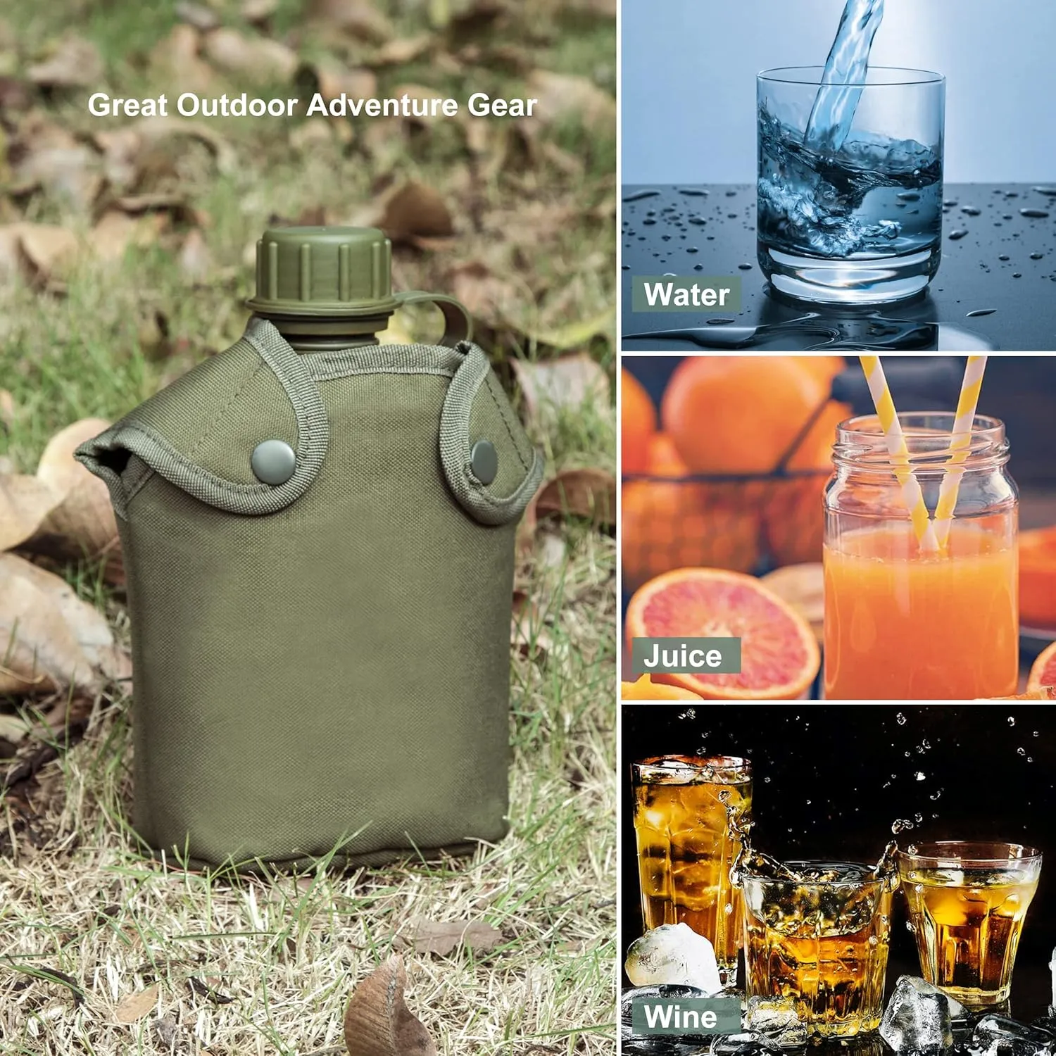 Mountain Land Military Canteen Oblong Water Bottle Insulated Camouflage Bag Carrier Cover 1L Portable Cylinder Sports Tactical Bottle Pouch for Hiking Camping Hunting Travelling Green 1L