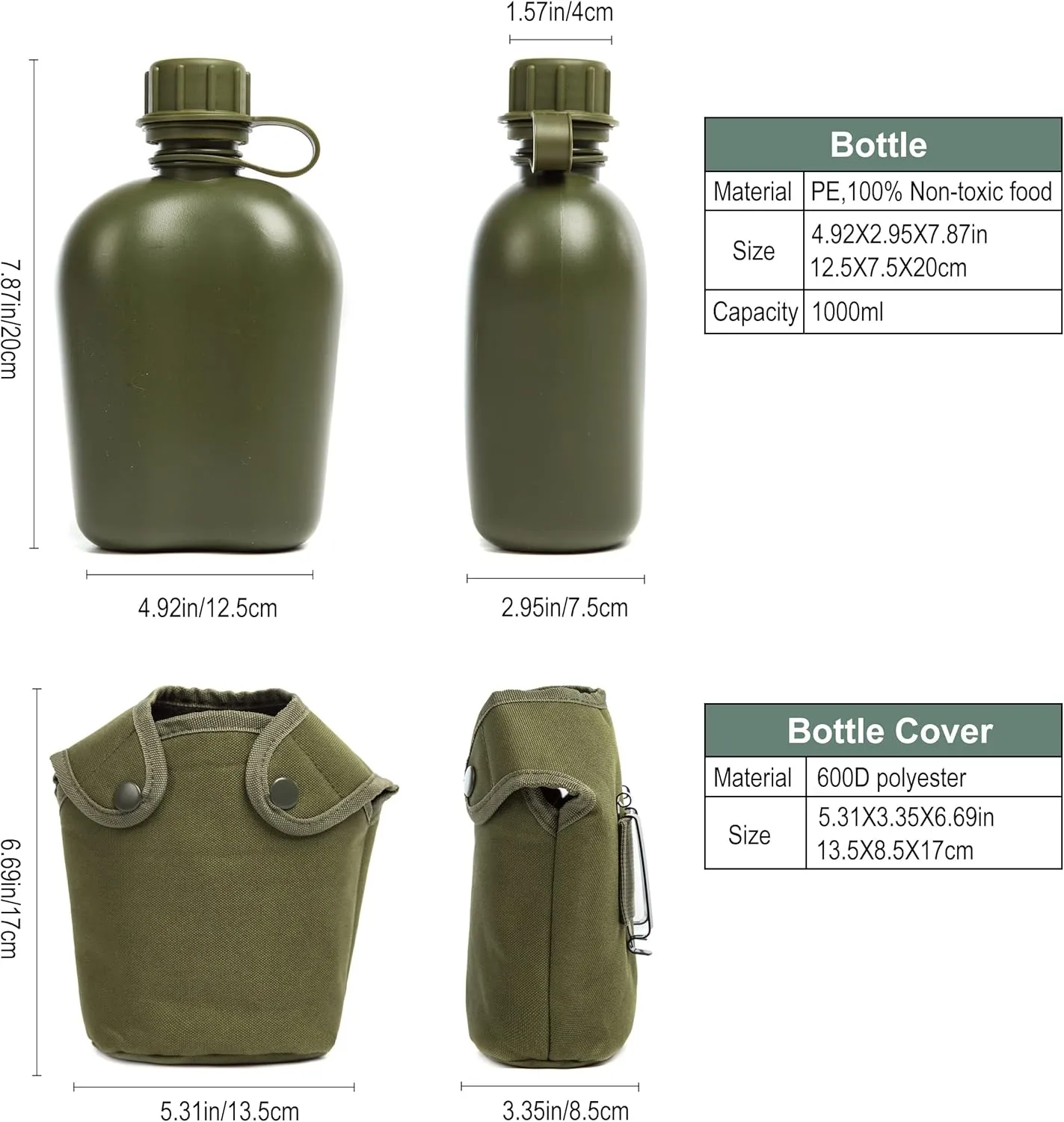 Mountain Land Military Canteen Oblong Water Bottle Insulated Camouflage Bag Carrier Cover 1L Portable Cylinder Sports Tactical Bottle Pouch for Hiking Camping Hunting Travelling Green 1L
