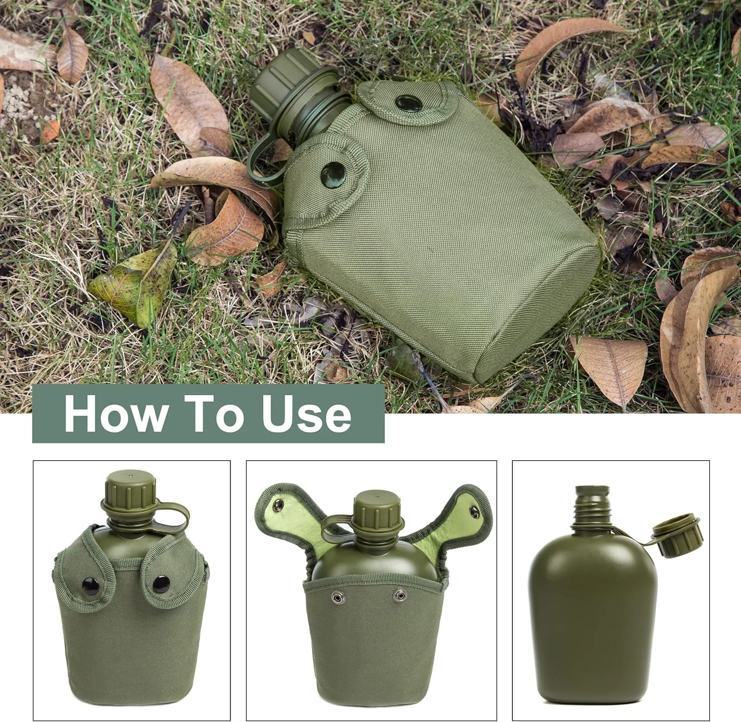 Mountain Land Military Canteen Oblong Water Bottle Insulated Camouflage Bag Carrier Cover 800ML Portable Cylinder Sports Tactical Bottle Pouch for Hiking Camping Hunting Travelling Green 800ML