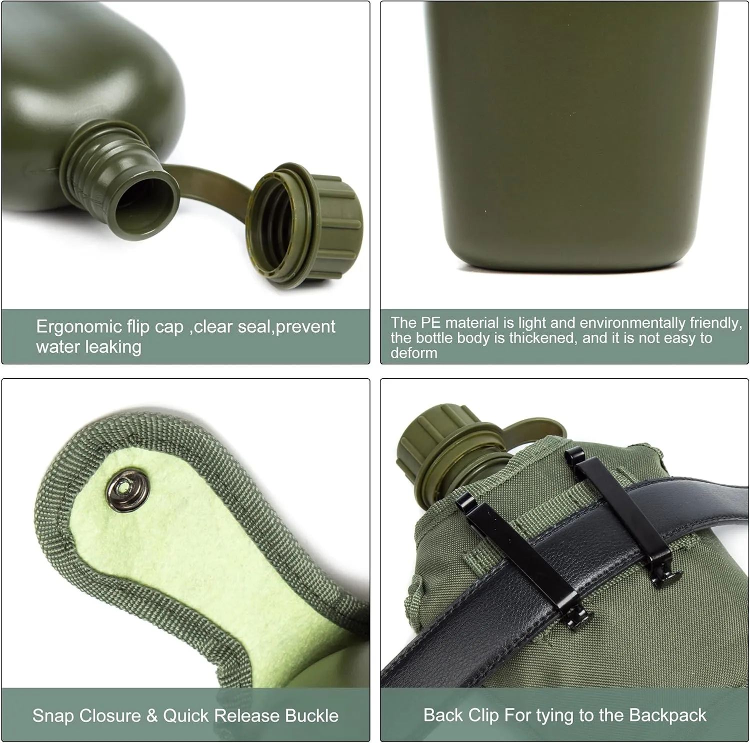 Mountain Land Military Canteen Oblong Water Bottle Insulated Camouflage Bag Carrier Cover 800ML Portable Cylinder Sports Tactical Bottle Pouch for Hiking Camping Hunting Travelling Green 800ML