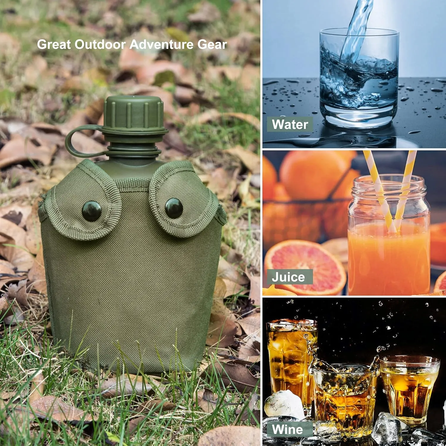 Mountain Land Military Canteen Oblong Water Bottle Insulated Camouflage Bag Carrier Cover 800ML Portable Cylinder Sports Tactical Bottle Pouch for Hiking Camping Hunting Travelling Green 800ML