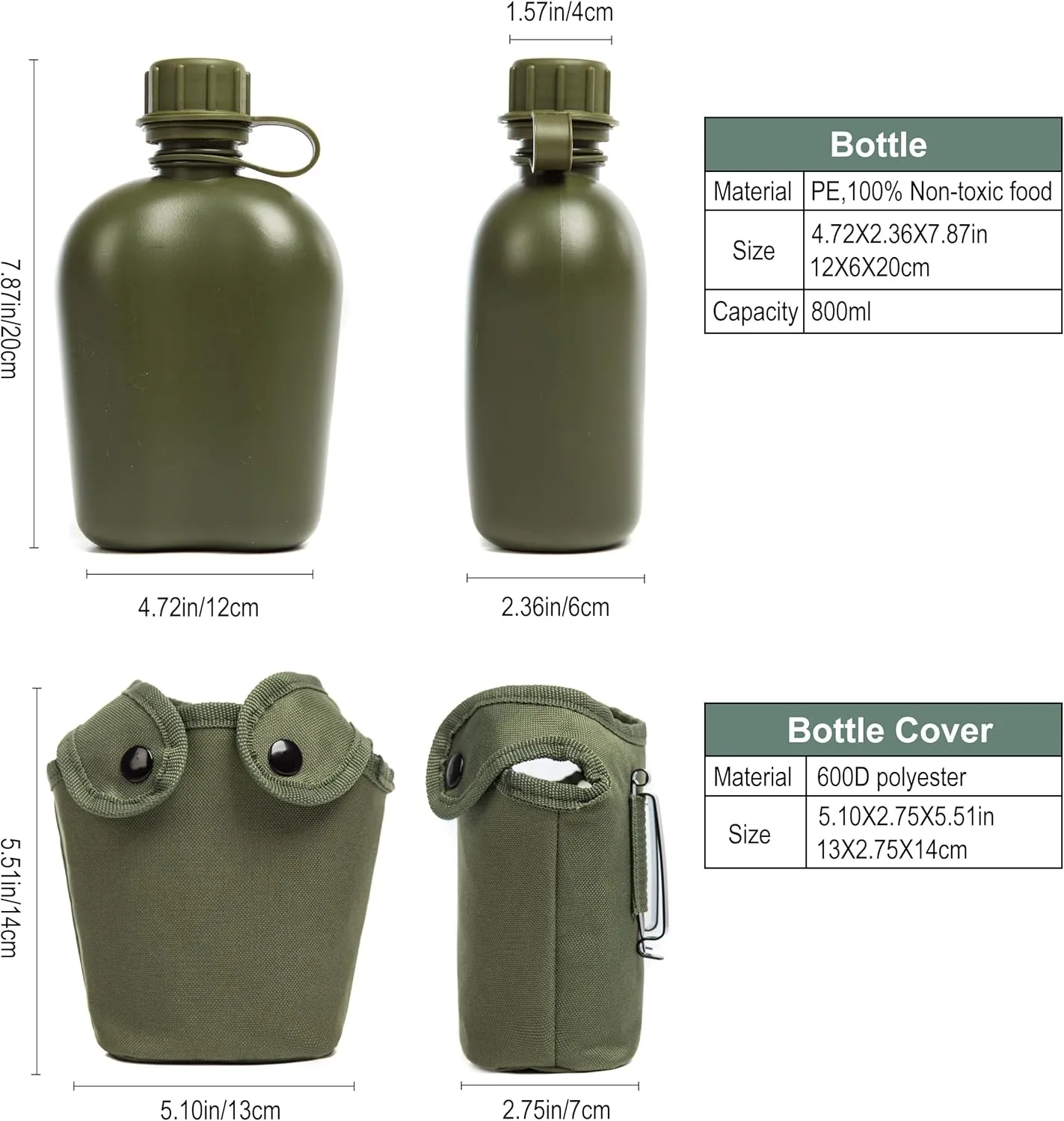 Mountain Land Military Canteen Oblong Water Bottle Insulated Camouflage Bag Carrier Cover 800ML Portable Cylinder Sports Tactical Bottle Pouch for Hiking Camping Hunting Travelling Green 800ML