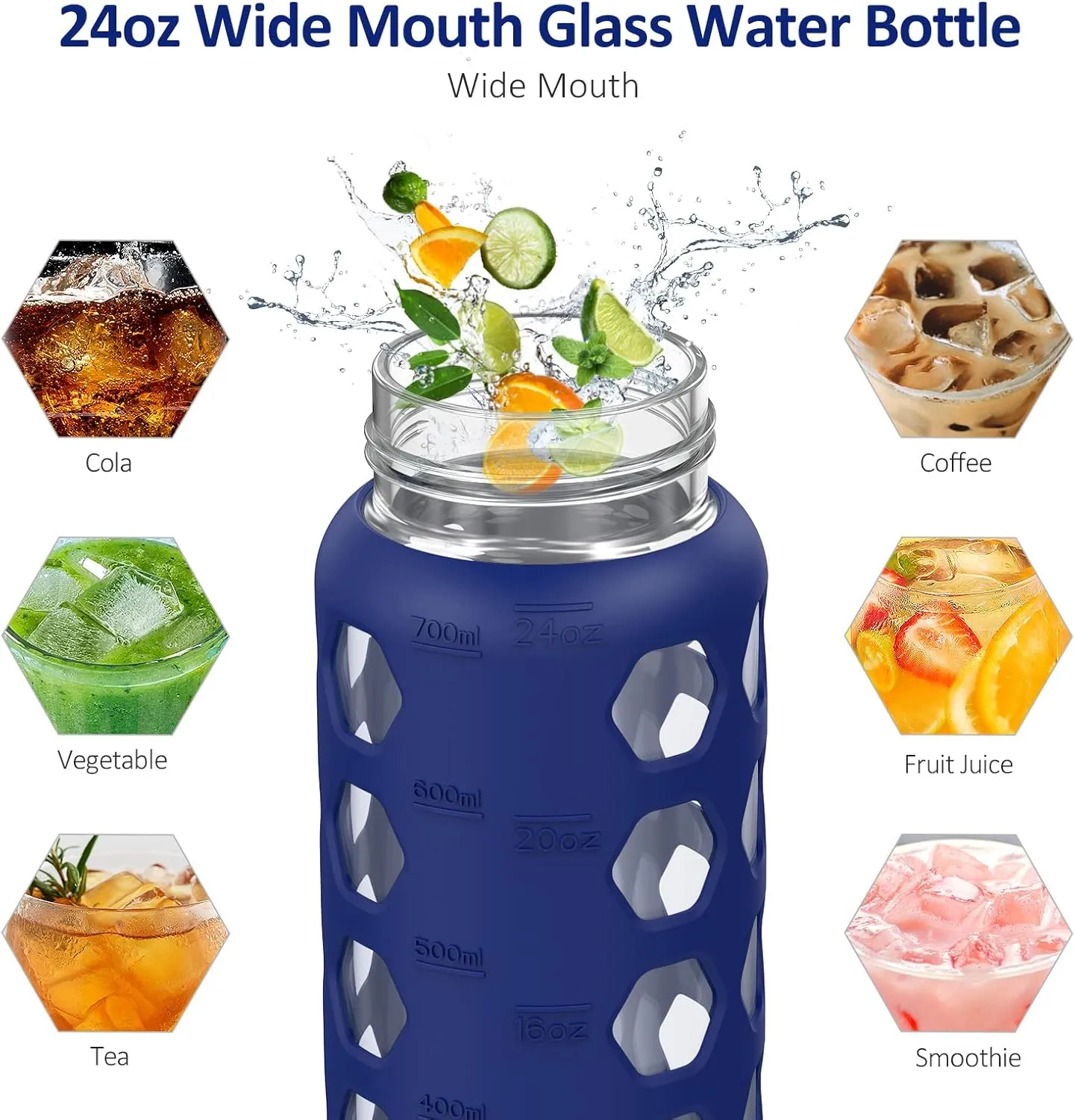 MUKOKO 24oz Glass Water Bottle with 2 Lids-Handle Flip Lid&Bamboo Straw Lid,Motivational Water Tumbler with Time Marker Reminder and Silicone Sleeve, Leakproof-Blue
