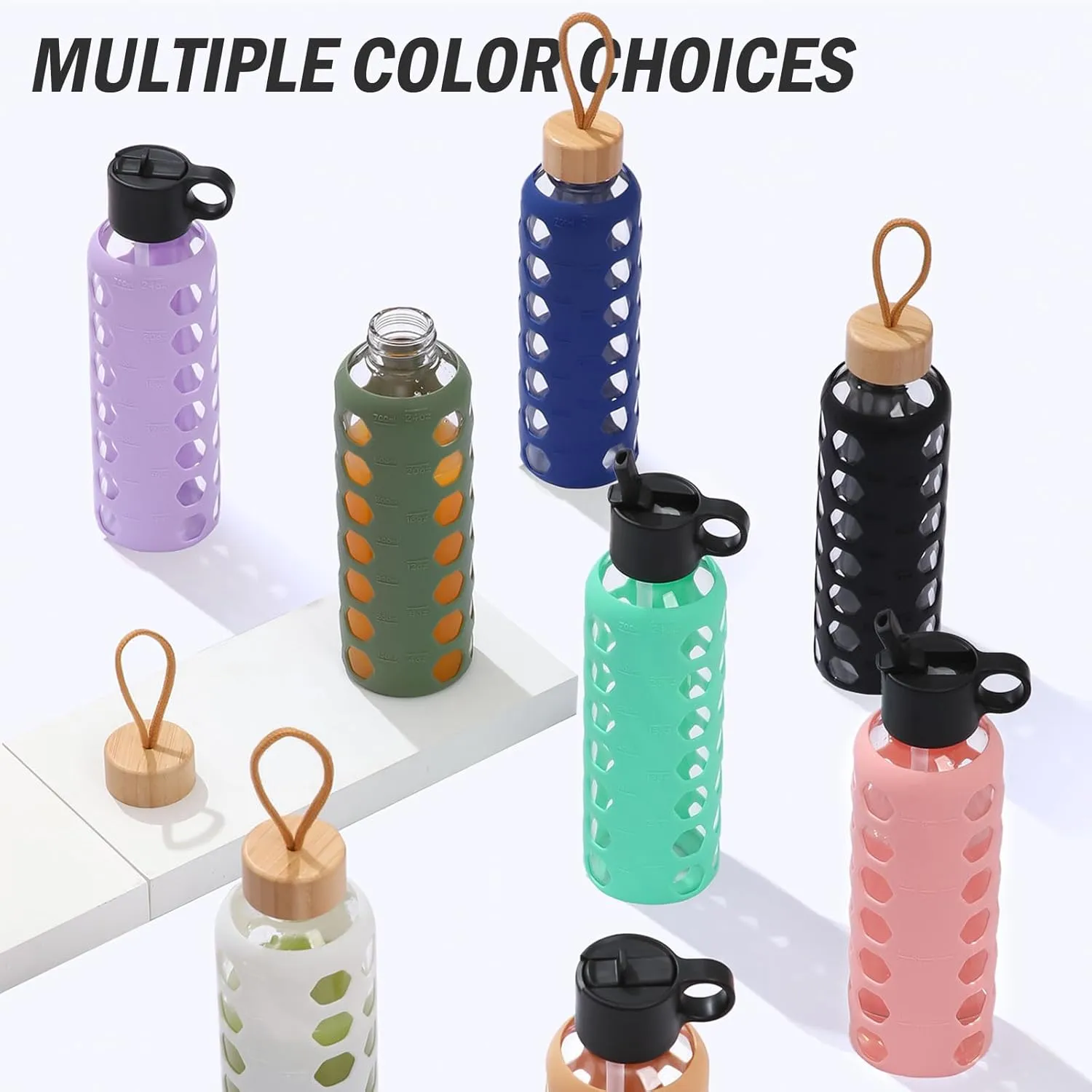MUKOKO Glass Water Bottles, 32oz Glass Tumbler, Drinking Bottles with 2 Lids-Handle Flip Straw Lid&Bamboo Lid, Motivational Water Bottle with Time Marker and Silicone Sleeve, Leakproof-1 Pack-Pink