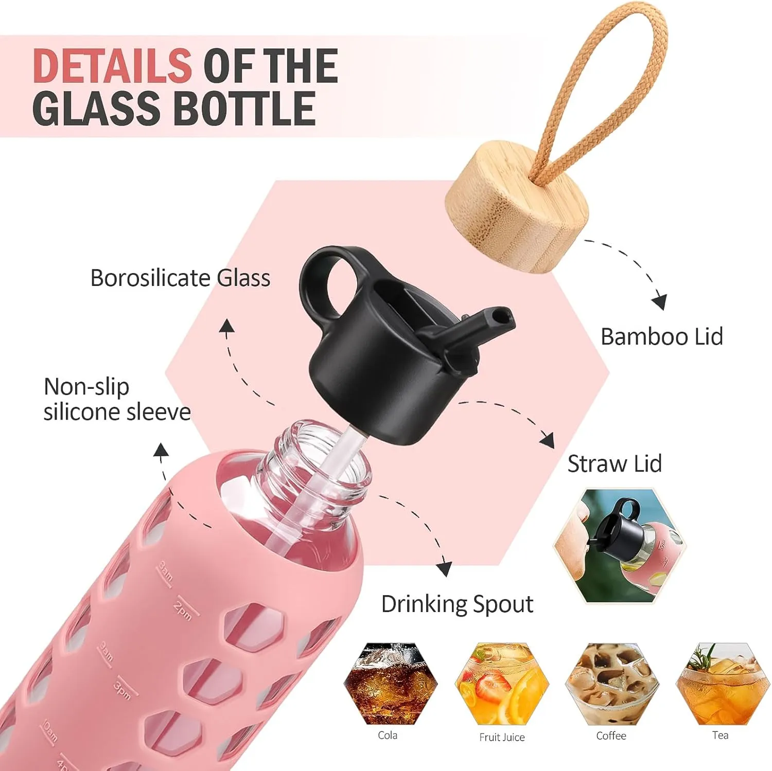 MUKOKO Glass Water Bottles, 32oz Glass Tumbler, Drinking Bottles with 2 Lids-Handle Flip Straw Lid&Bamboo Lid, Motivational Water Bottle with Time Marker and Silicone Sleeve, Leakproof-1 Pack-Pink
