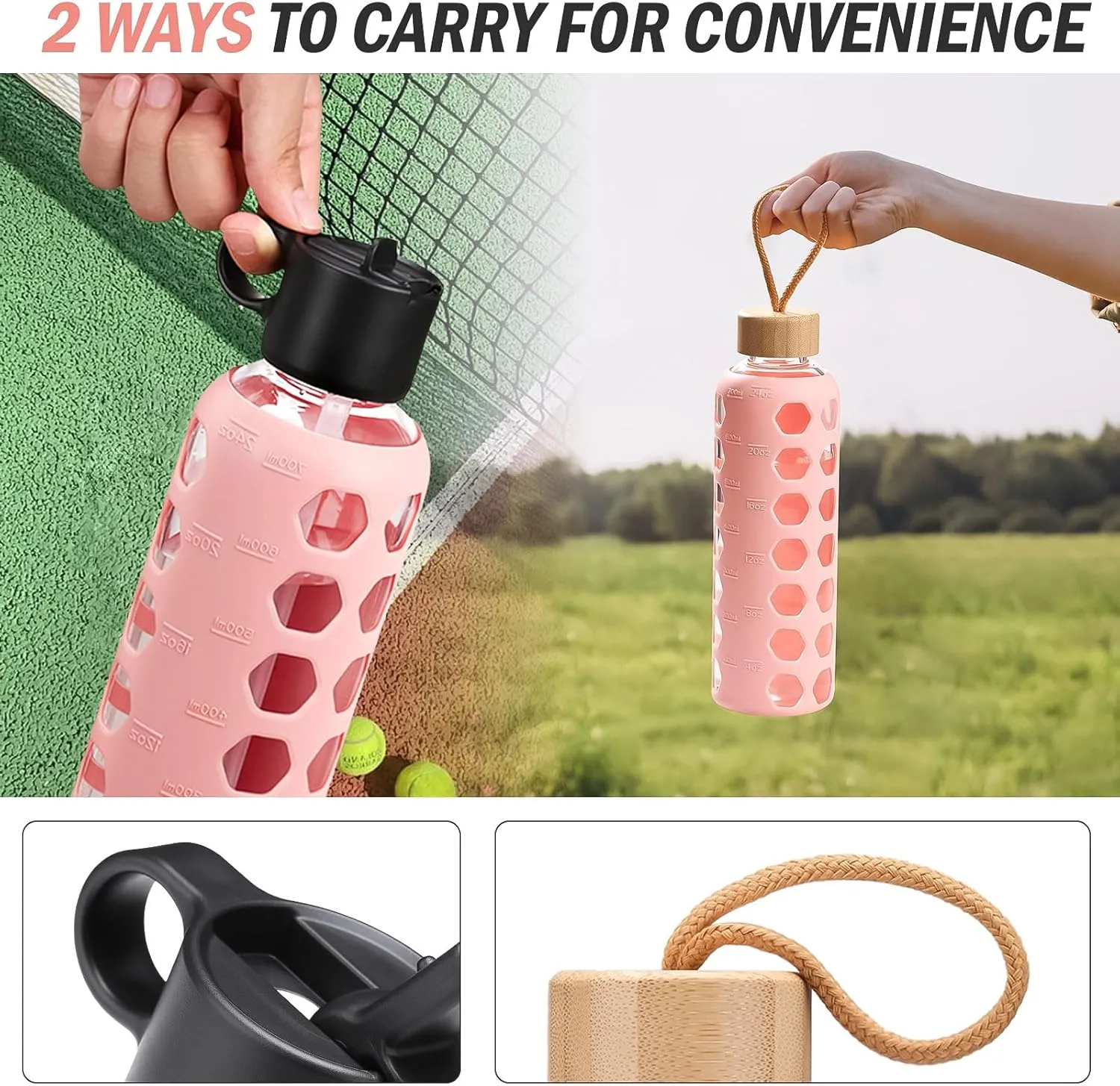 MUKOKO Glass Water Bottles, 32oz Glass Tumbler, Drinking Bottles with 2 Lids-Handle Flip Straw Lid&Bamboo Lid, Motivational Water Bottle with Time Marker and Silicone Sleeve, Leakproof-1 Pack-Pink