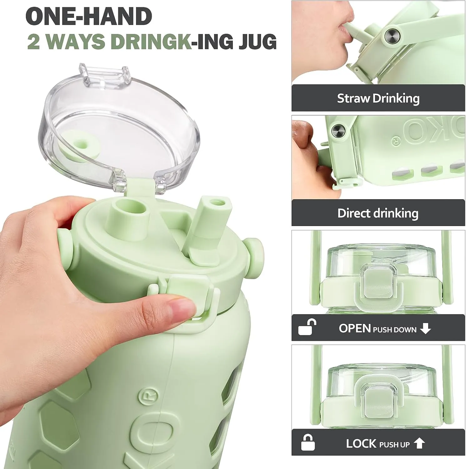 MUKOKO Half Gallon/64 oz Glass Water Bottles with Straw and Lid,Motivational Water Jug with Time Marker Reminder and Silicone Sleeve,100% Leakproof BPA Free Fitness Sports Large Bottle-Green
