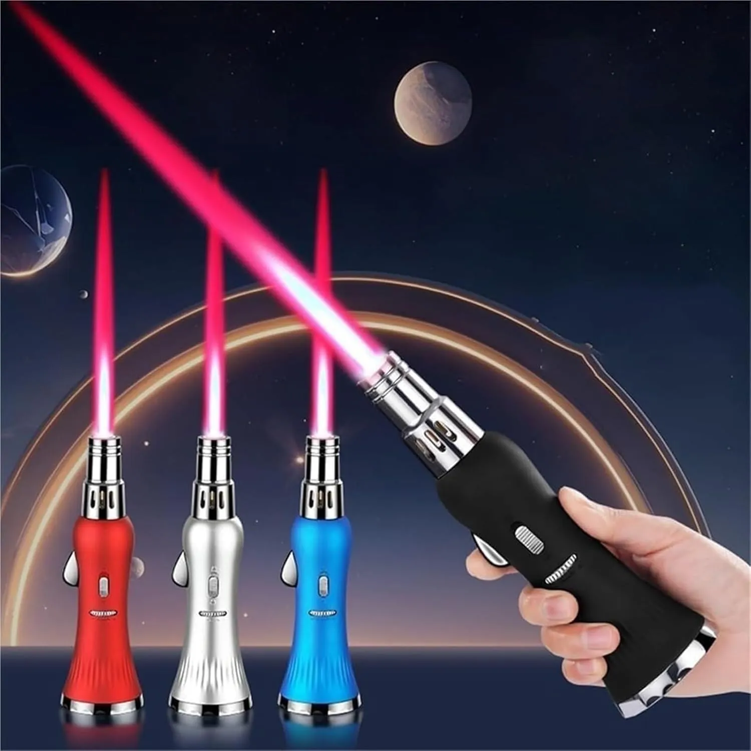 Multifunctional Extra-Long red Flame Butane lighters, Windproof Jet red Flame, Retro Metal with Safety Lock, Adjustable Flame and refillable Gas Portable Lighter (Without Fuel)(Red)