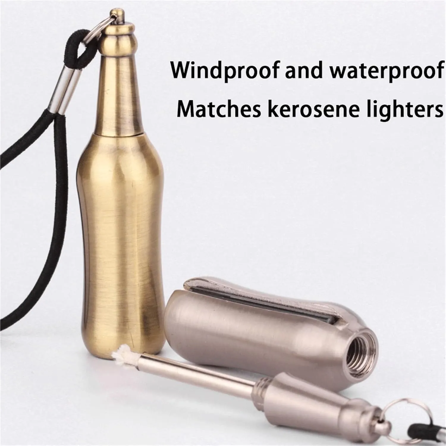 Multifunctional Portable Match Kerosene Lighter, Windproof and Waterproof, Keychain Design, Outdoor Emergency Survival Equipment, Suitable for Candle Camping (Kerosene not Included)(Silver)