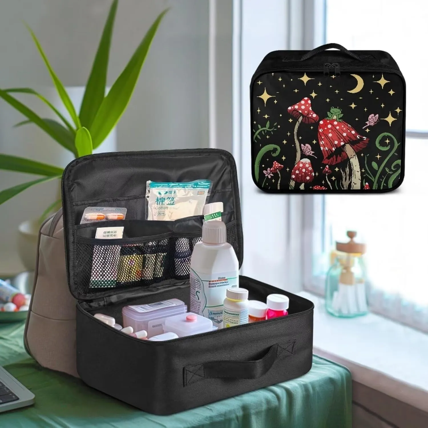 Mushroom Empty First Aid Bag Medicine Bag for Traveling Moon Stars Medium Sized Empty First Aid Bag Empty Emergency Kit Organizer Bag for Hiking, Camping, Car, School Dorm, Home