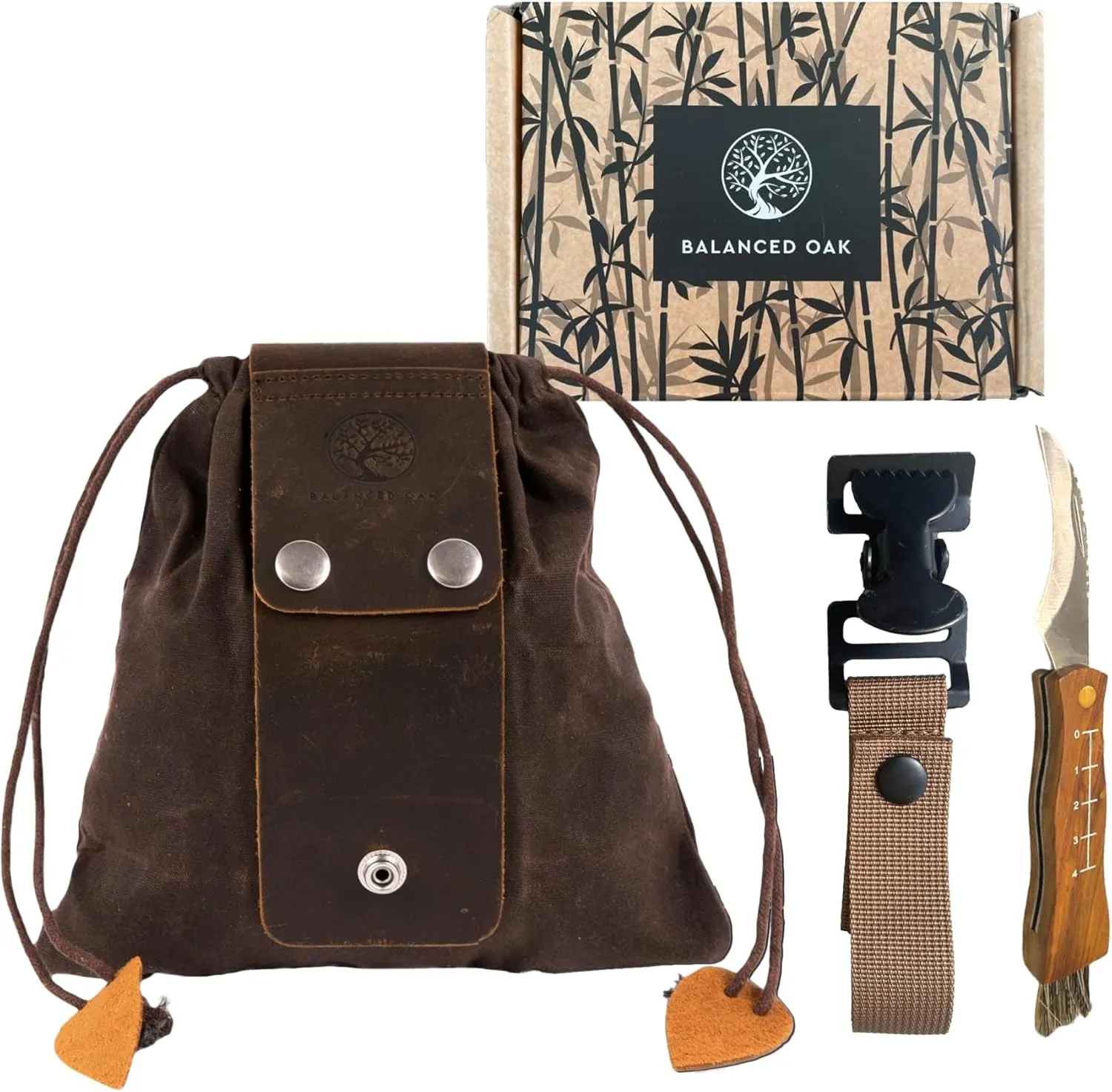 Mushroom Foraging Kit, Waxed Canvas Foraging Bag, Glove Attachment, and Stainless Steel Foraging Knife with Brush, Belt Pouch for Collecting Mushrooms, Berries and More