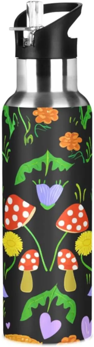 Mushrooms & Plants Sports Water Bottle with Straw, 22oz BPA Free Stainless Steel Vacuum Insulated Bottle for Gym Fitness Outdoor
