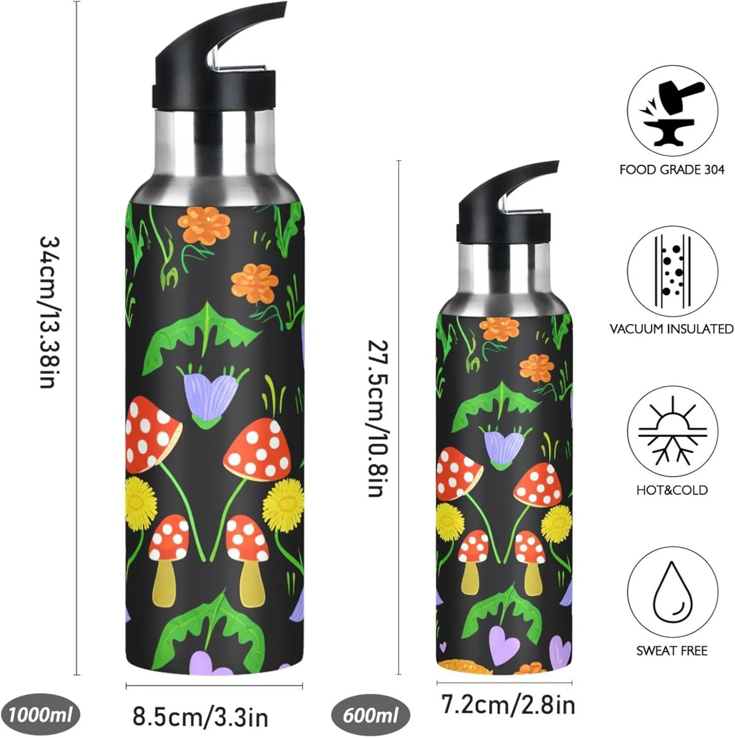 Mushrooms & Plants Sports Water Bottle with Straw, 22oz BPA Free Stainless Steel Vacuum Insulated Bottle for Gym Fitness Outdoor