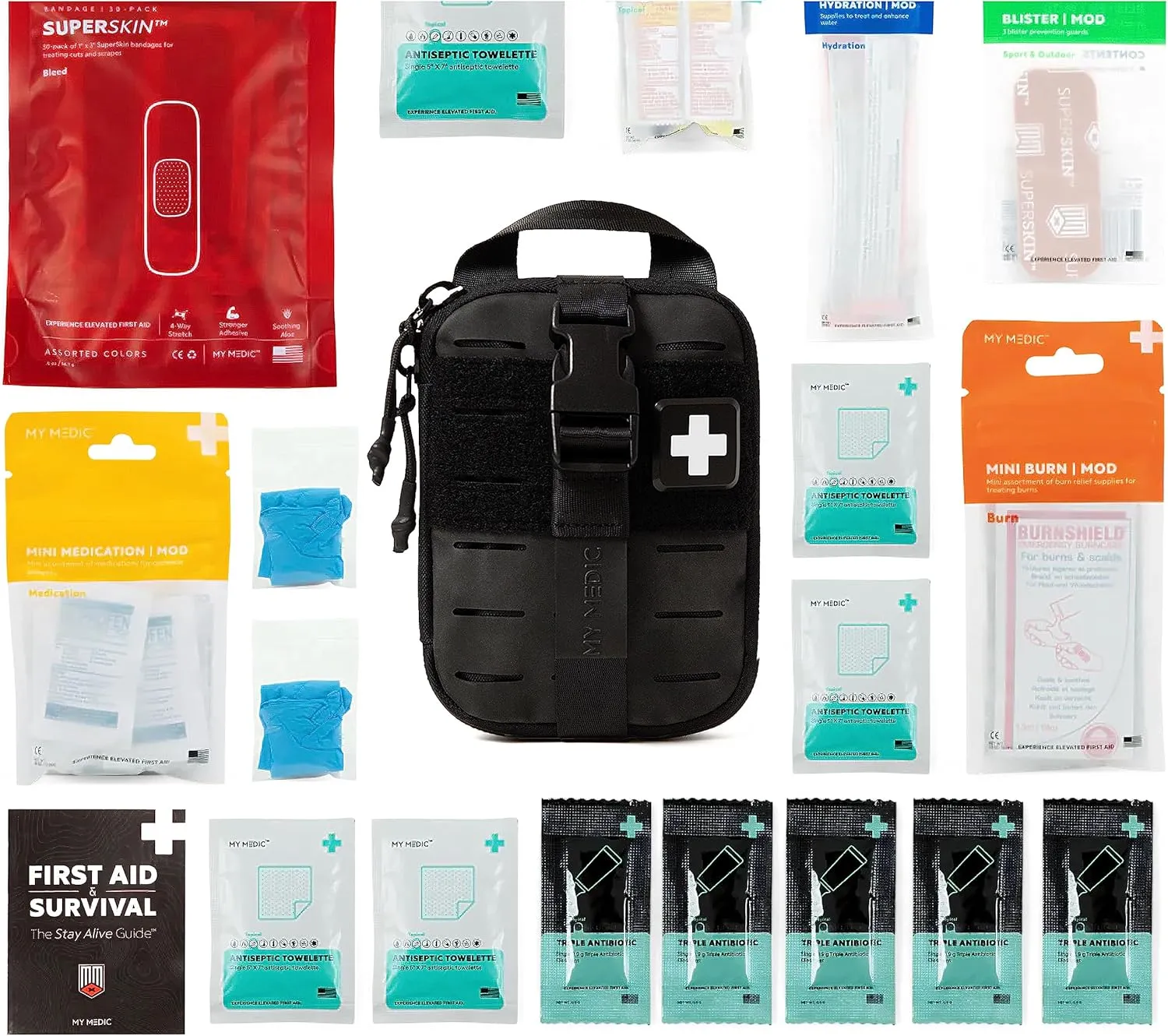 My Medic Sidekick - Camping Hiking and Backpacking First Aid Kit - 70 Items - HSA and FSA Eligible - Small Ifak Great For Travel or Motorcycle - Portable Emergency Kit – Black