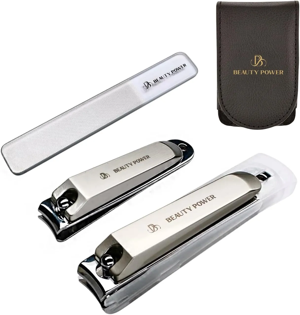 Nail Clippers Set 3 in 1 - Stainless Steel Toe Nail Clippers, Fingernail Clipper, Glass Nail File, Anti Splash, Ergonomic Grip in PU Leather Travel Case for Men & Women (Black)