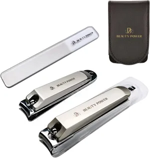 Nail Clippers Set 3 in 1 - Stainless Steel Toe Nail Clippers, Fingernail Clipper, Glass Nail File, Anti Splash, Ergonomic Grip in PU Leather Travel Case for Men & Women (Black)