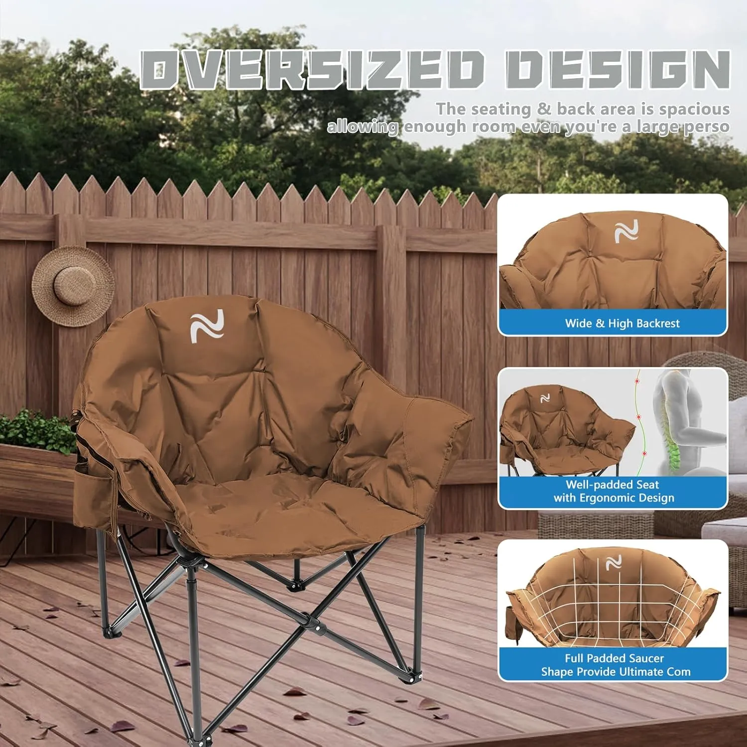 NAIZEA Heavy Duty Camping Chair - Oversized Portable Camping Chairs, Patio Lounge Chairs, Padded Outdoor Folding Chair for Sports Lawn Beach Garden Fishing