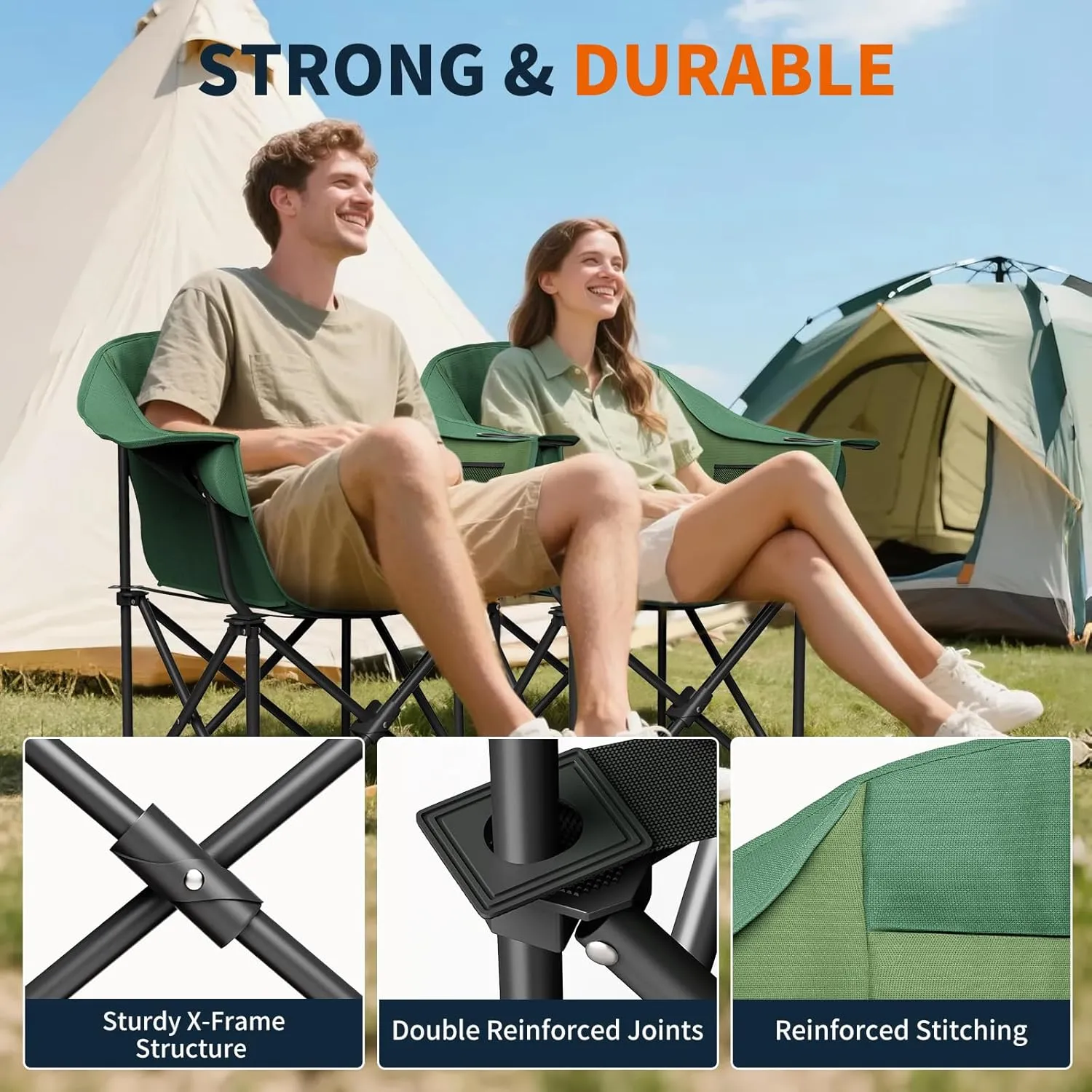 NAIZEA Oversized Padded Camping Chair, Outdoor Folding Chair, Portable Heavy Duty Arm Chairs with Side Pockets, Cup Holder for Beach, Lawn, Picnic, Fishing, Backpacking