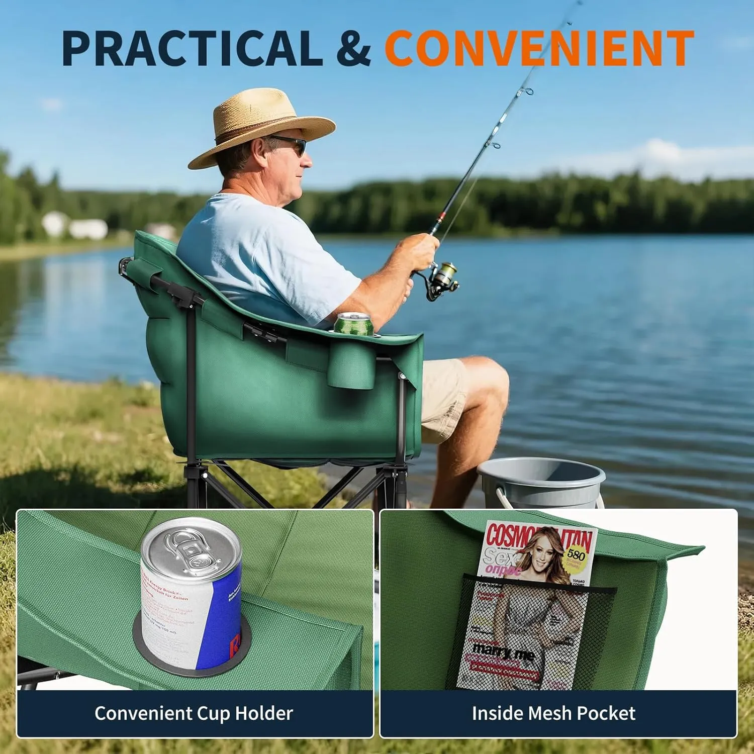 NAIZEA Oversized Padded Camping Chair, Outdoor Folding Chair, Portable Heavy Duty Arm Chairs with Side Pockets, Cup Holder for Beach, Lawn, Picnic, Fishing, Backpacking