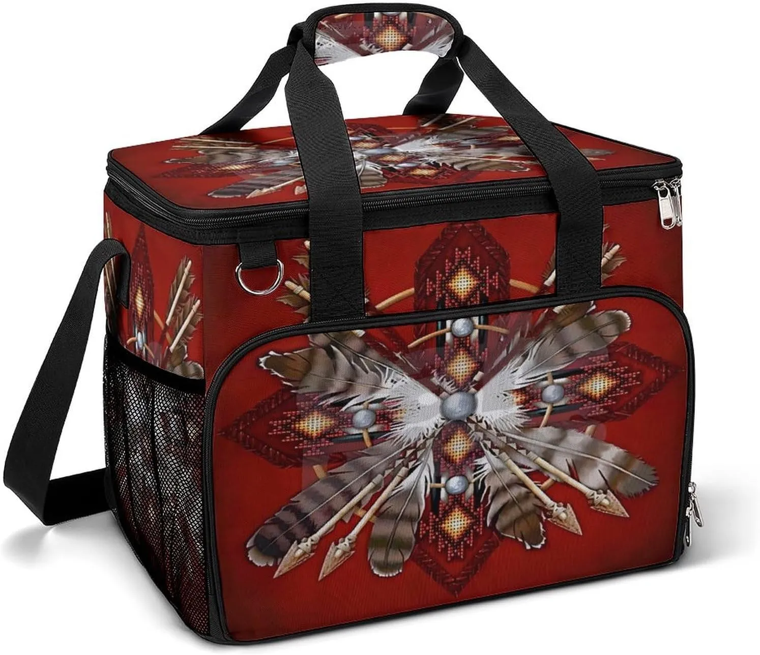 Native American Red Tribal Feather Cooler Bag, Collapsible Soft Sided Cooler, Large Leakproof Camping Cooler, Portable Travel Cooler for Camping, Road Trips