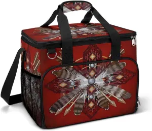 Native American Red Tribal Feather Cooler Bag, Collapsible Soft Sided Cooler, Large Leakproof Camping Cooler, Portable Travel Cooler for Camping, Road Trips