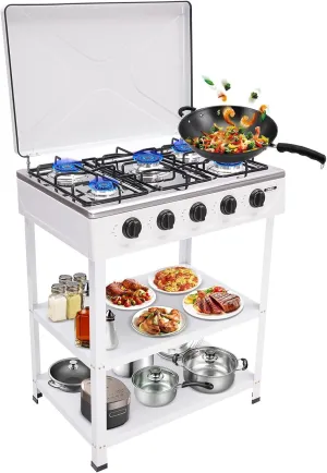 Natural Gas Stove with 5 Burners, 2.5KW Portable Natural Gas Stove w/Wind Blocking Cover & 2 Placement Boards Outdoor 5-Burner Stove for Camping Cookout (White)