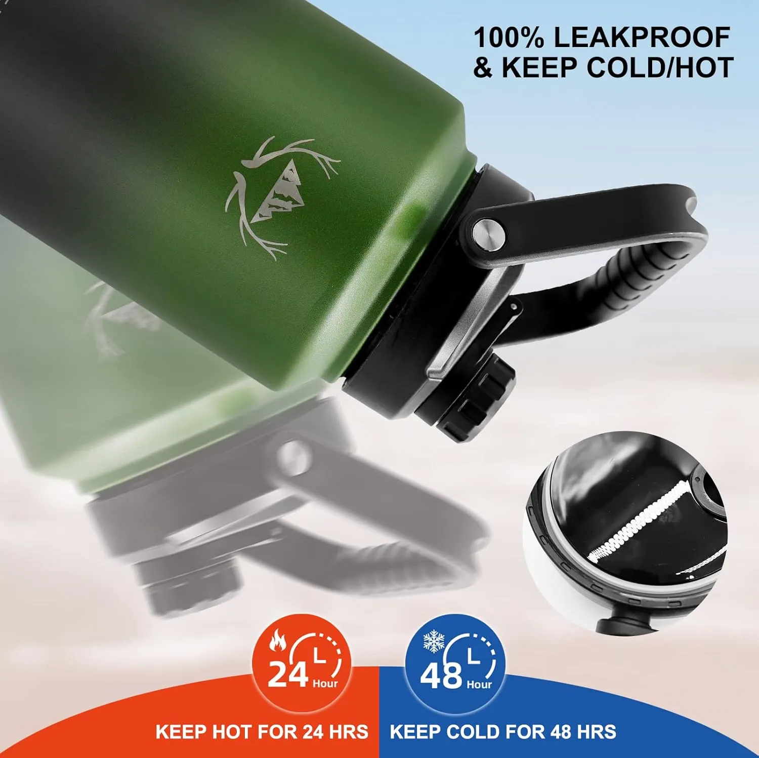 NATURE PIONEOR One Gallon Water Bottle Insulated - Large Double Vacuum Stainless Steel 128 oz Water Bottle with Holder/Carrier, 1 Gallon Water Jug 2 in 1 LID, Flip Straw and Spout, Wide Mouth