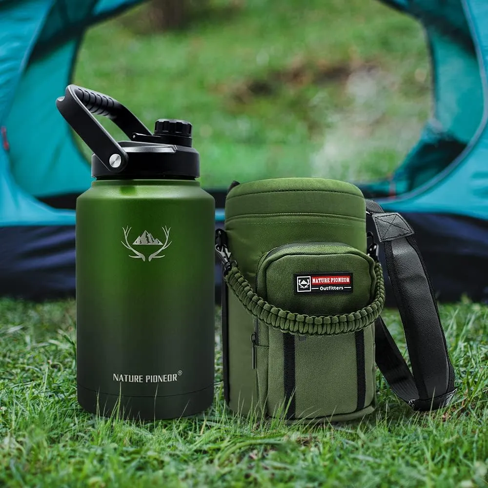 NATURE PIONEOR One Gallon Water Bottle Insulated - Large Double Vacuum Stainless Steel 128 oz Water Bottle with Holder/Carrier, 1 Gallon Water Jug 2 in 1 LID, Flip Straw and Spout, Wide Mouth