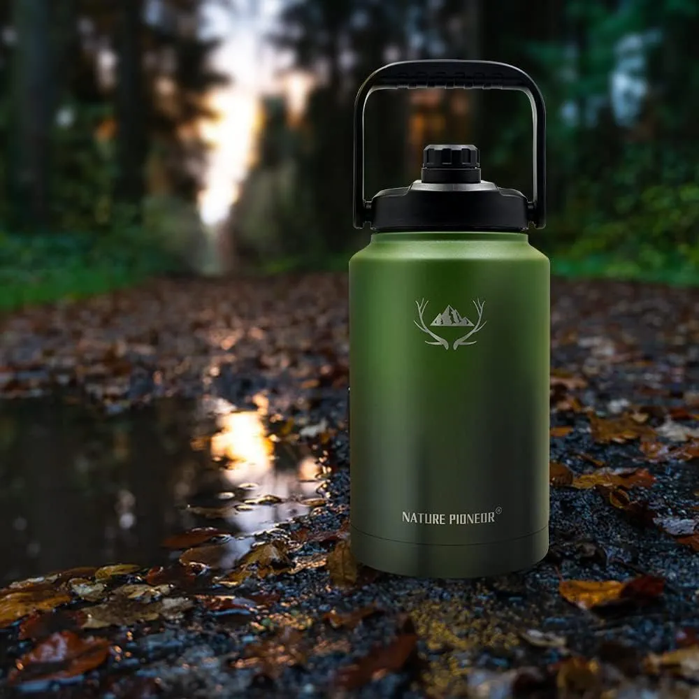 NATURE PIONEOR One Gallon Water Bottle Insulated - Large Double Vacuum Stainless Steel 128 oz Water Bottle with Holder/Carrier, 1 Gallon Water Jug 2 in 1 LID, Flip Straw and Spout, Wide Mouth