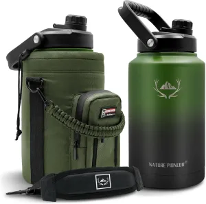 NATURE PIONEOR One Gallon Water Bottle Insulated - Large Double Vacuum Stainless Steel 128 oz Water Bottle with Holder/Carrier, 1 Gallon Water Jug 2 in 1 LID, Flip Straw and Spout, Wide Mouth