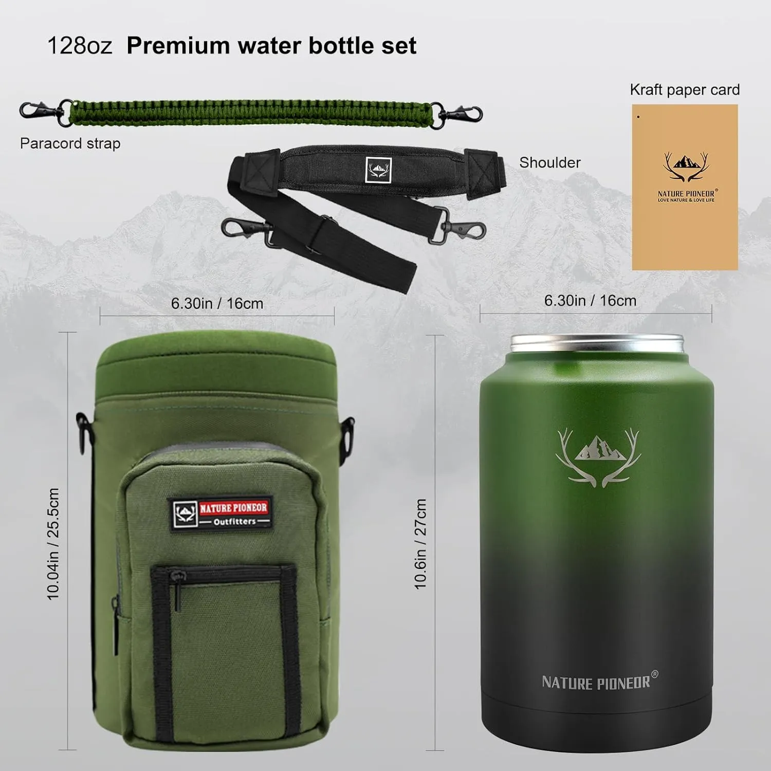 NATURE PIONEOR One Gallon Water Bottle Insulated - Large Double Vacuum Stainless Steel 128 oz Water Bottle with Holder/Carrier, 1 Gallon Water Jug 2 in 1 LID, Flip Straw and Spout, Wide Mouth