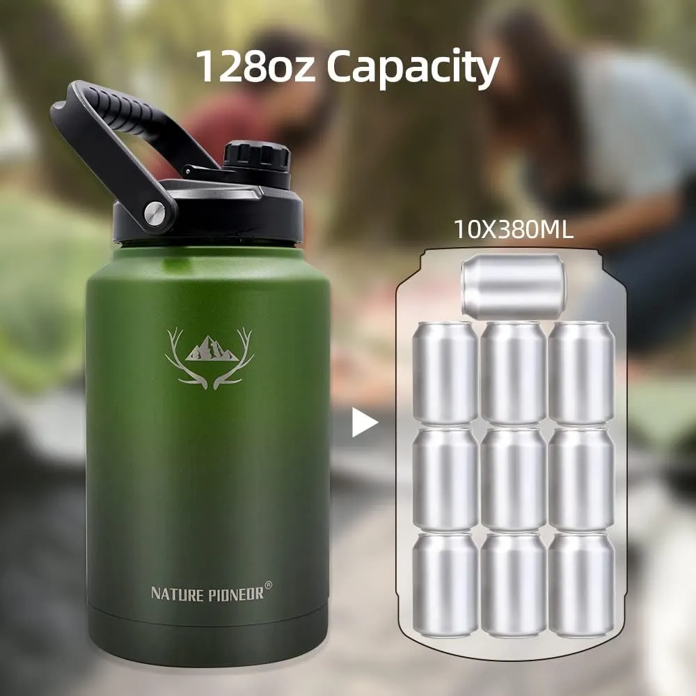 NATURE PIONEOR One Gallon Water Bottle Insulated - Large Double Vacuum Stainless Steel 128 oz Water Bottle with Holder/Carrier, 1 Gallon Water Jug 2 in 1 LID, Flip Straw and Spout, Wide Mouth