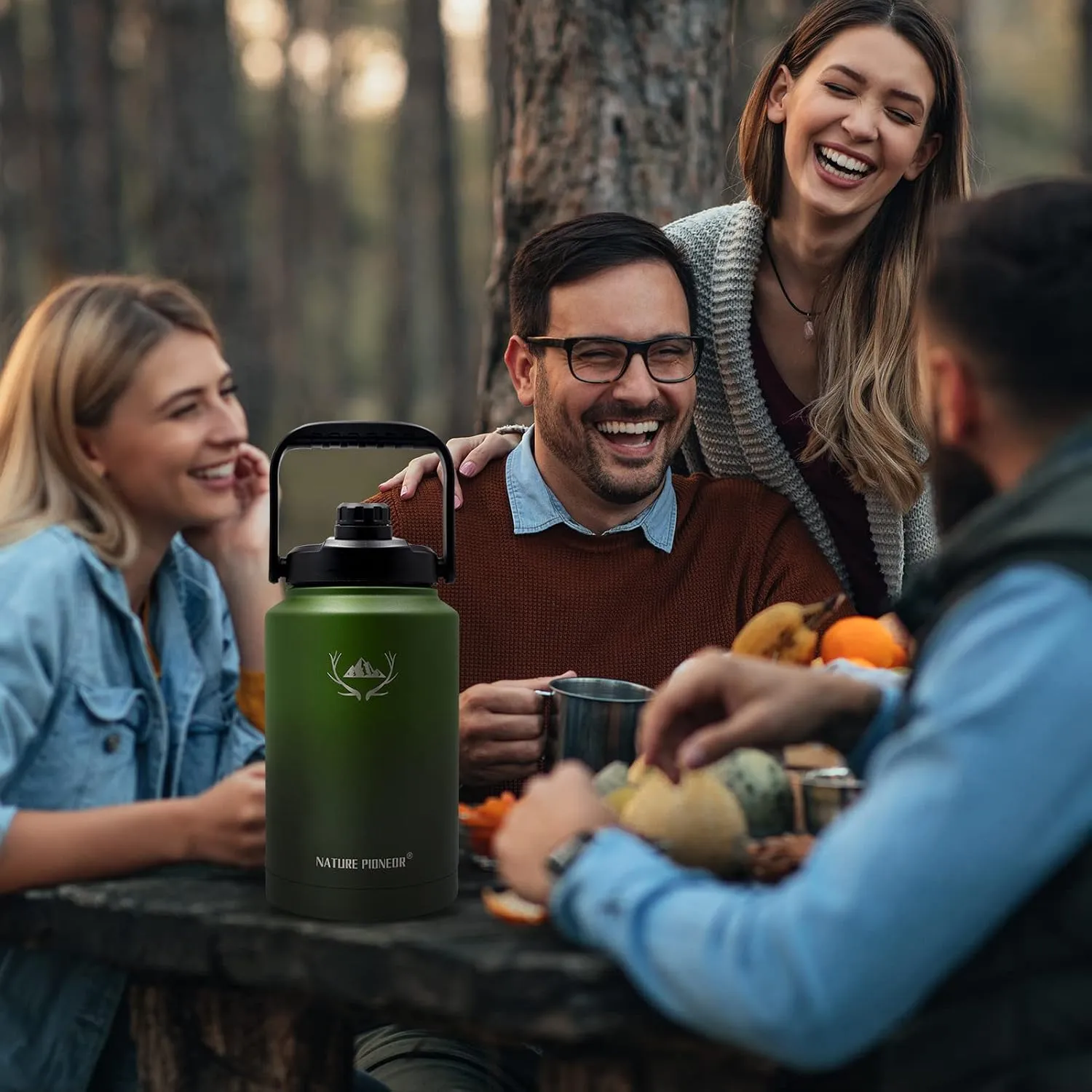 NATURE PIONEOR One Gallon Water Bottle Insulated - Large Double Vacuum Stainless Steel 128 oz Water Bottle with Holder/Carrier, 1 Gallon Water Jug 2 in 1 LID, Flip Straw and Spout, Wide Mouth
