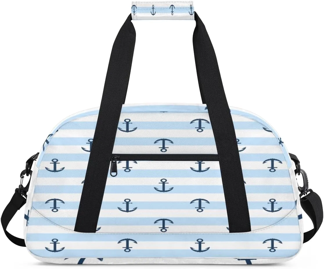 Nautical Anchor Gym Duffel Bag for Men Women Stripe Pattern Sports Tote Bag with Adjustable Shoulder Strap for Dance Gymnastics Traveling Outdoor Camping Overnight Stay